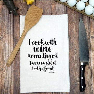 Green Bee KC Tea Towels Kitchen Black Ink | 28" x 28" Green Bee KC Tea Towels - I Cook With Wine Sometimes I Even Add It to The Food Towel
